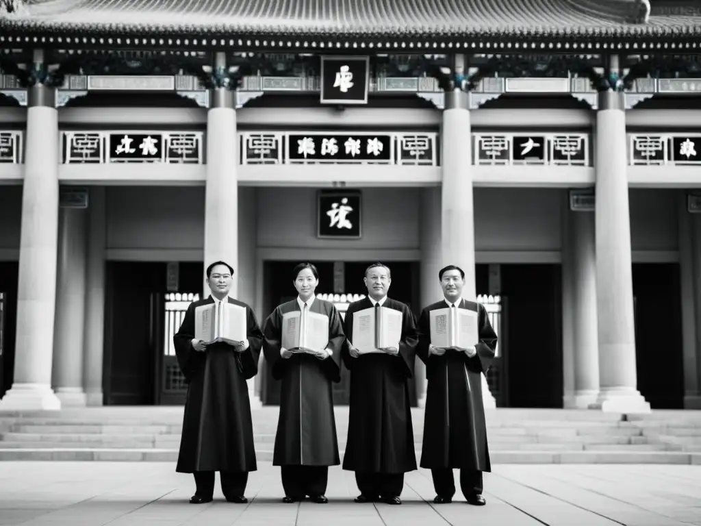 Oficiales del Servicio Civil en China de pie frente a un imponente edificio gubernamental, reflejando autoridad y solemnidad