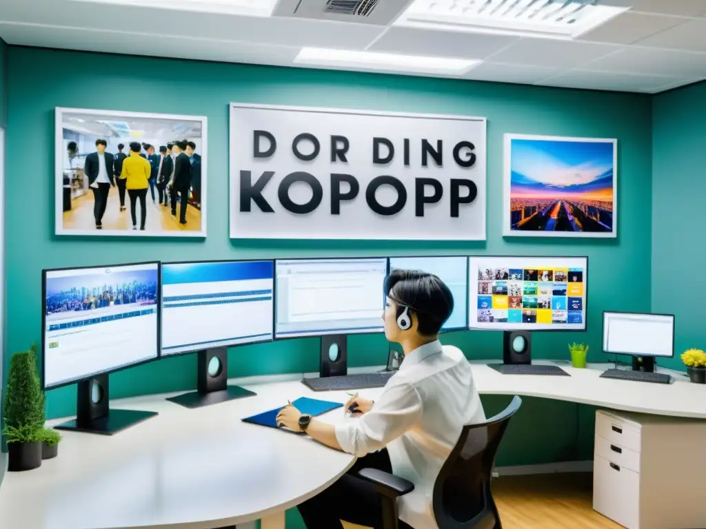 Oficina bulliciosa de empresa Kpop, refleja cultura trabajo industria KPop con dedicación y creatividad en el aire