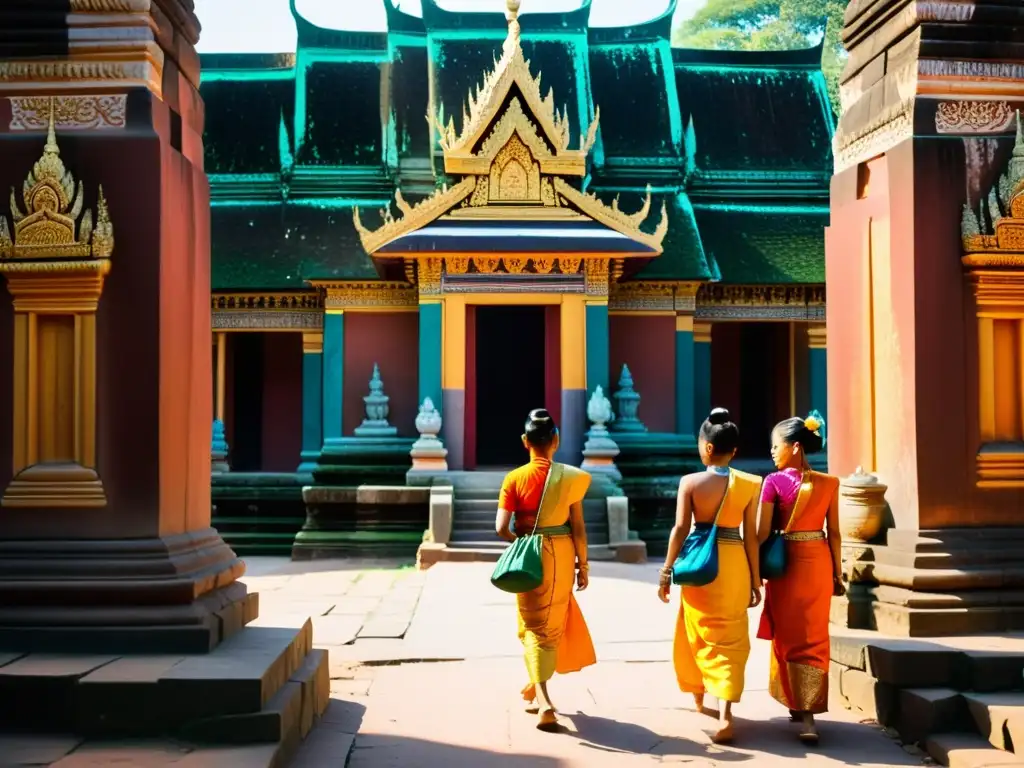 Ofrendas de comida e incienso en el Festival Pchum Ben, Camboya ancestral, con colores vibrantes y templo majestuoso