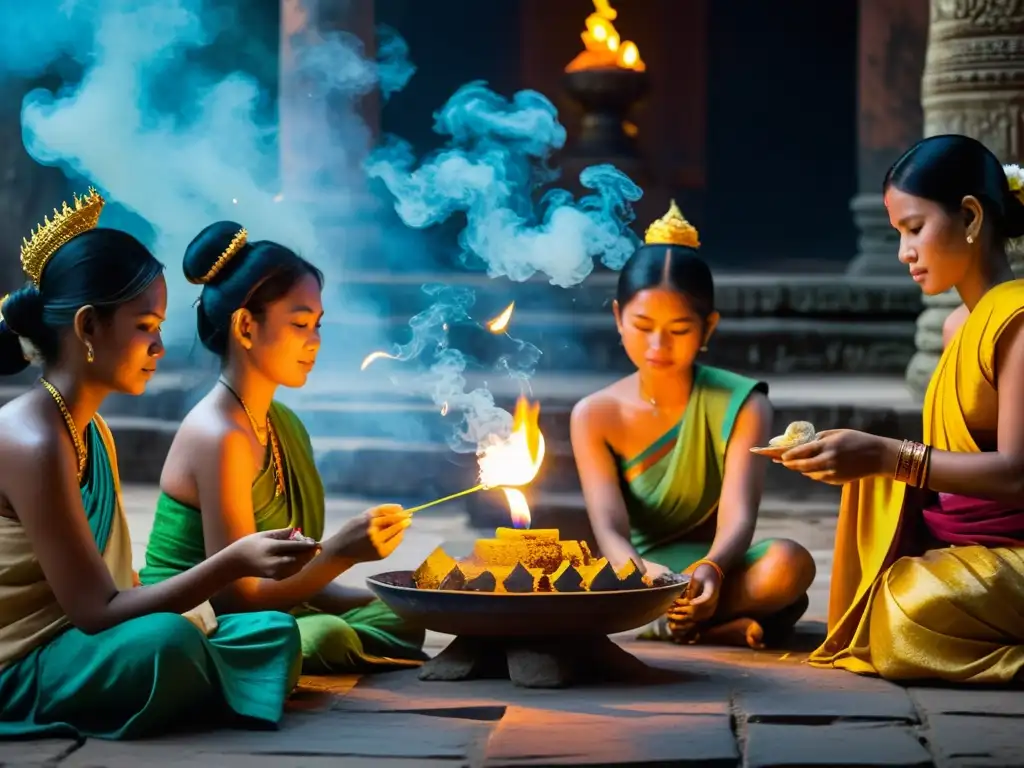 Ofrendas en festival Pchum Ben Camboya ancestral: devotos locales iluminan incienso en templo antiguo, en escena etérea y llena de reverencia