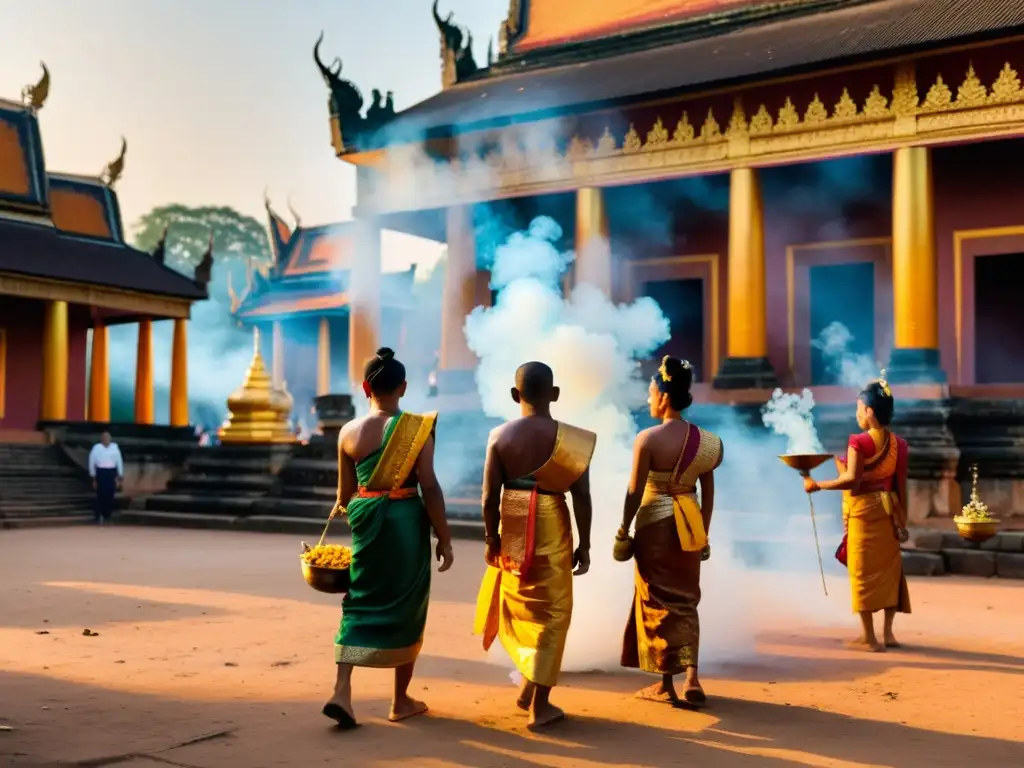 Ofrendas en el Festival Pchum Ben Camboya ancestral: Locales vestidos de manera tradicional hacen ofrendas frente a un templo centenario al atardecer