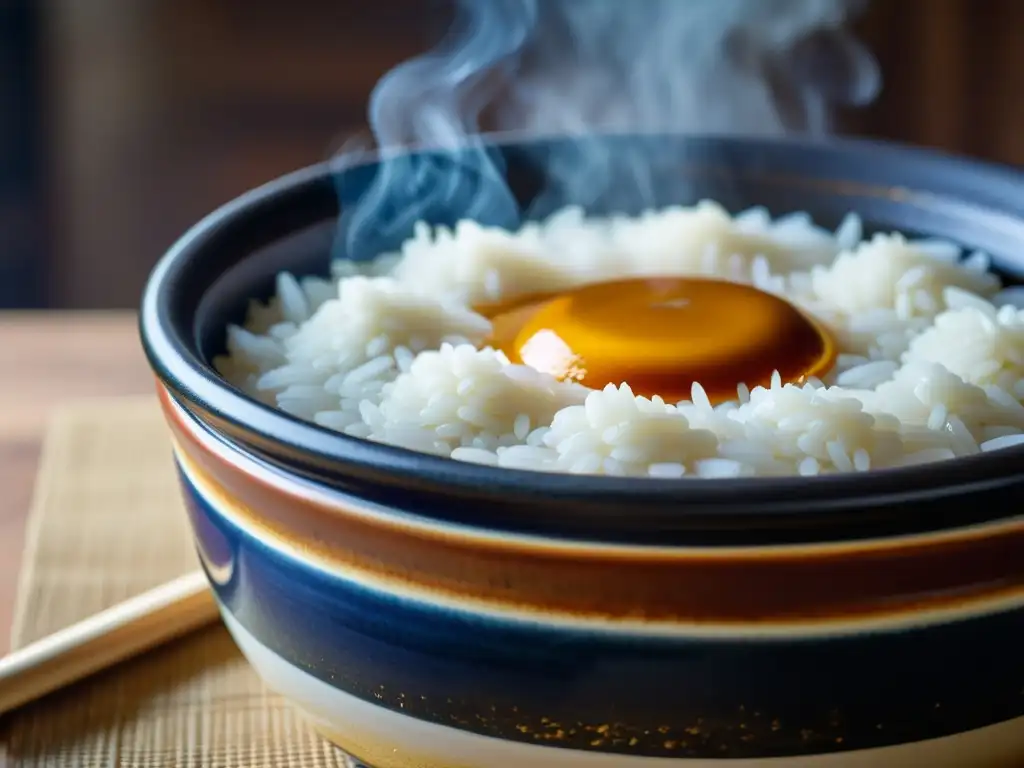 Una olla de barro coreana llena de arroz recién cocido con una capa dorada de nurungji en el fondo, emitiendo vapor