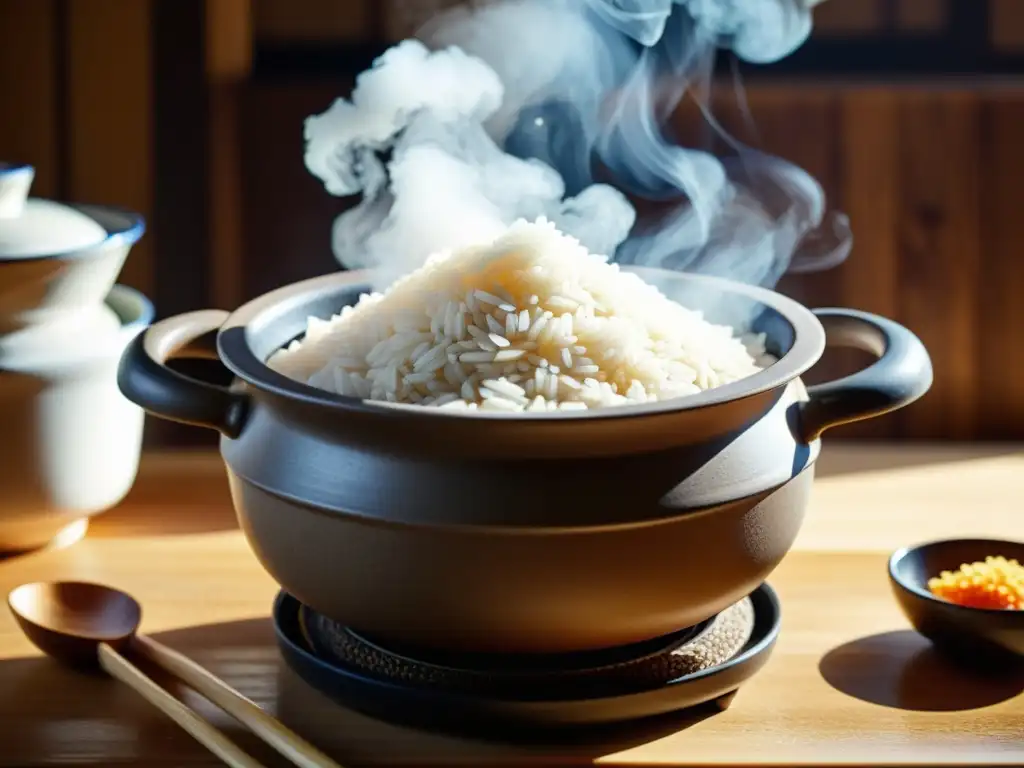 Una olla de barro coreana llena de arroz recién cocido, con vapor ascendente