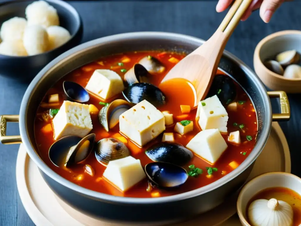 Una olla burbujeante de Soondubujjigae, sopa de tofu coreana, con ingredientes vibrantes y humeante aroma, en un animado mercado coreano