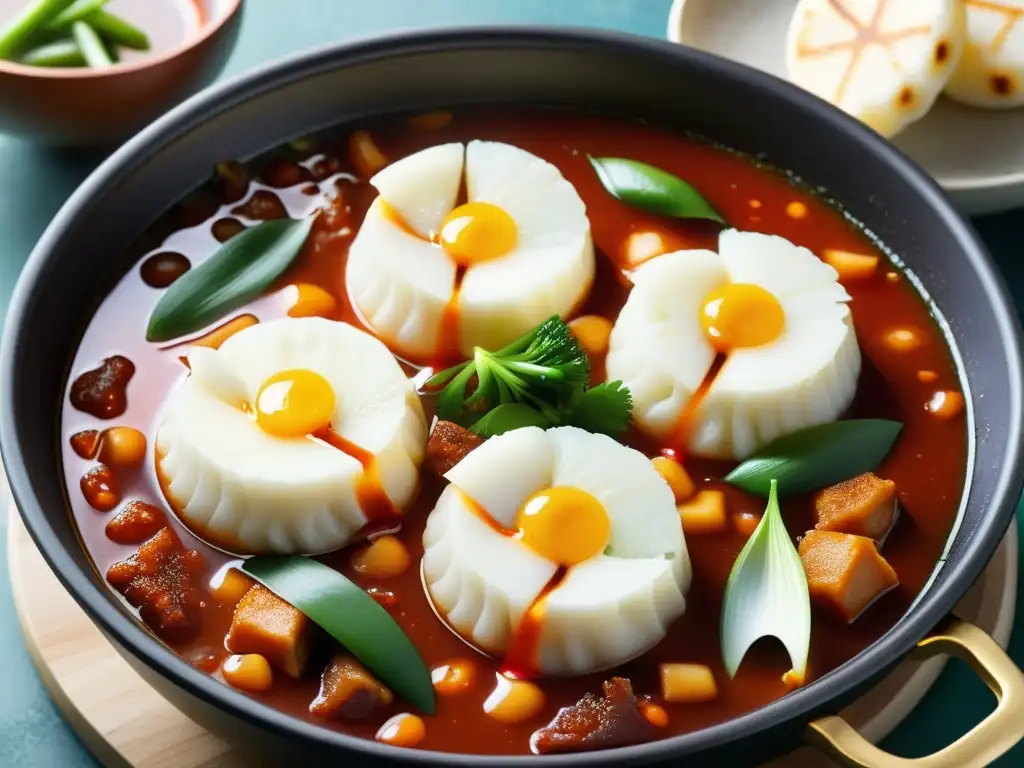 Una olla burbujeante de salsa de tteokbokki, con gochujang y pasta de soja, arroz y torta de pescado cocinándose