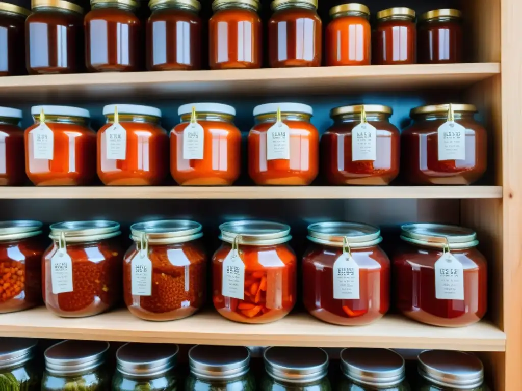 Olla onggi coreana con kimchi fermentado en estantes de madera