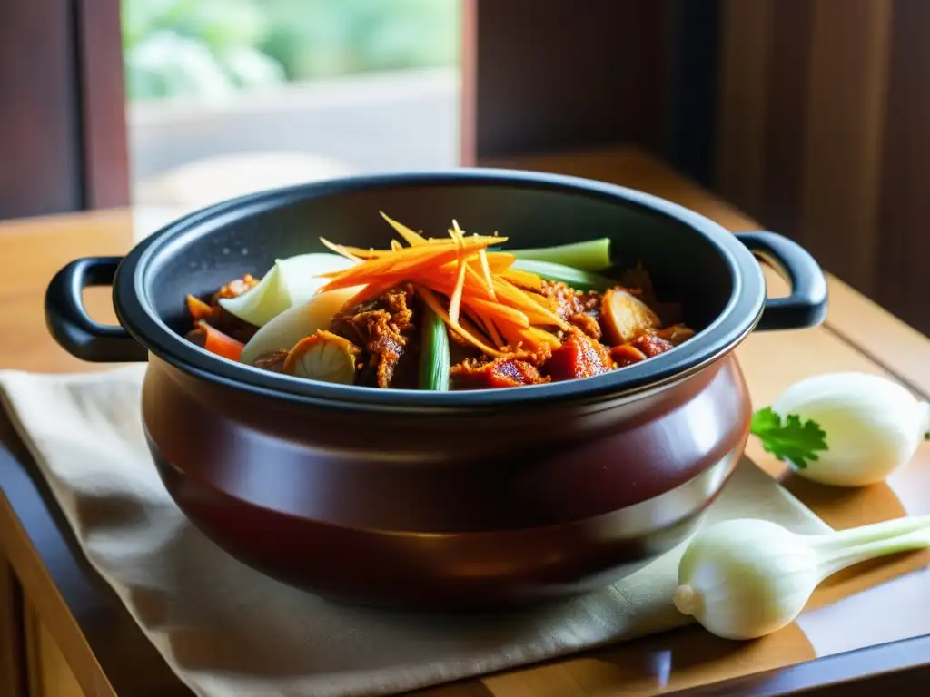 Olla onggi coreana llena de vegetales fermentados, rodeada de ingredientes para hacer kimchi