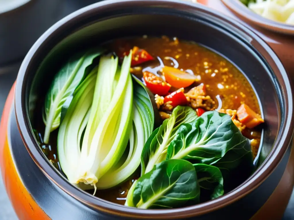 Una olla coreana tradicional llena de kimchi vibrante y colorido