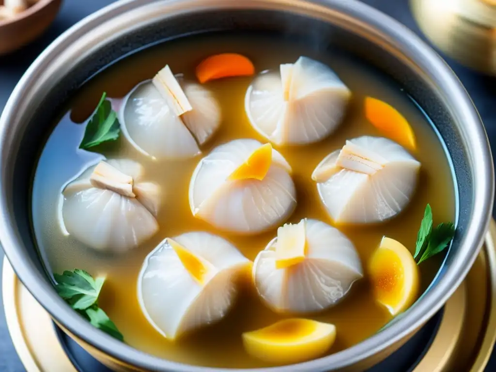 Una olla de Samgyetang, sopa de pollo ginseng beneficios, burbujea sobre la estufa coreana, con sus vibrantes ingredientes y aroma reconfortante