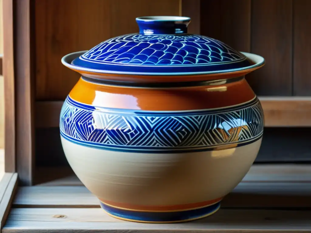 Onggi coreano con jeotgal: tradición culinaria Una onggi coreana llena de ensaladas fermentadas jeotgal, destacando colores y texturas, sobre superficie de madera