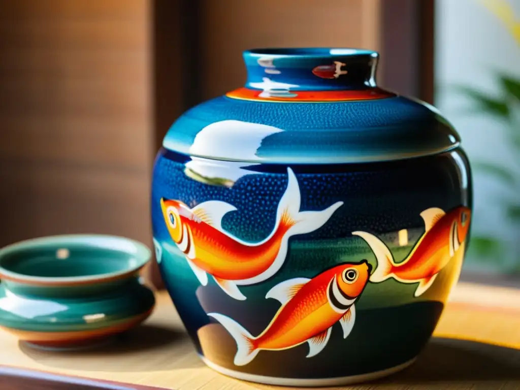 Onggi lleno de Jeotgal: Tradición culinaria coreana Onggi coreana llena de jeotgal vibrante en cocina tradicional: ensaladas fermentadas coreanas jeotgal enriquecen la tradición culinaria