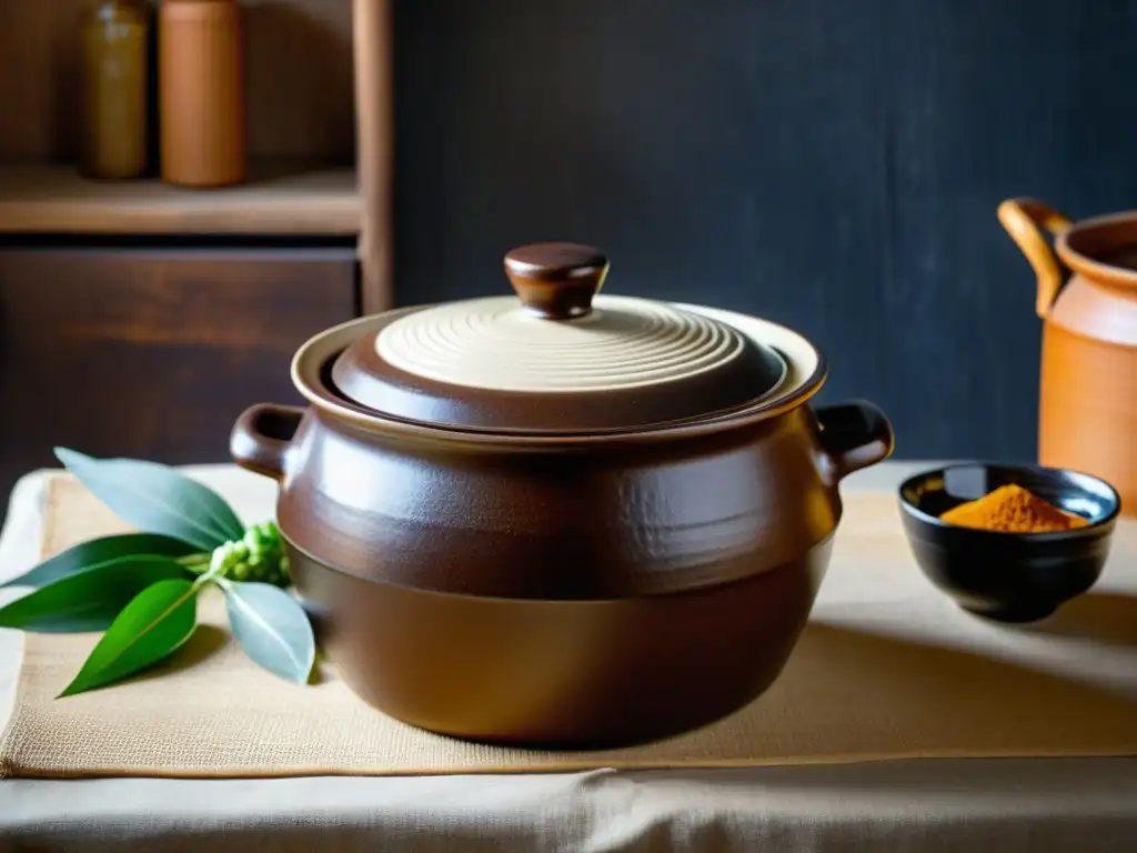 Un onggi coreano tradicional lleno de pasta de doenjang, iluminado por la suave luz natural