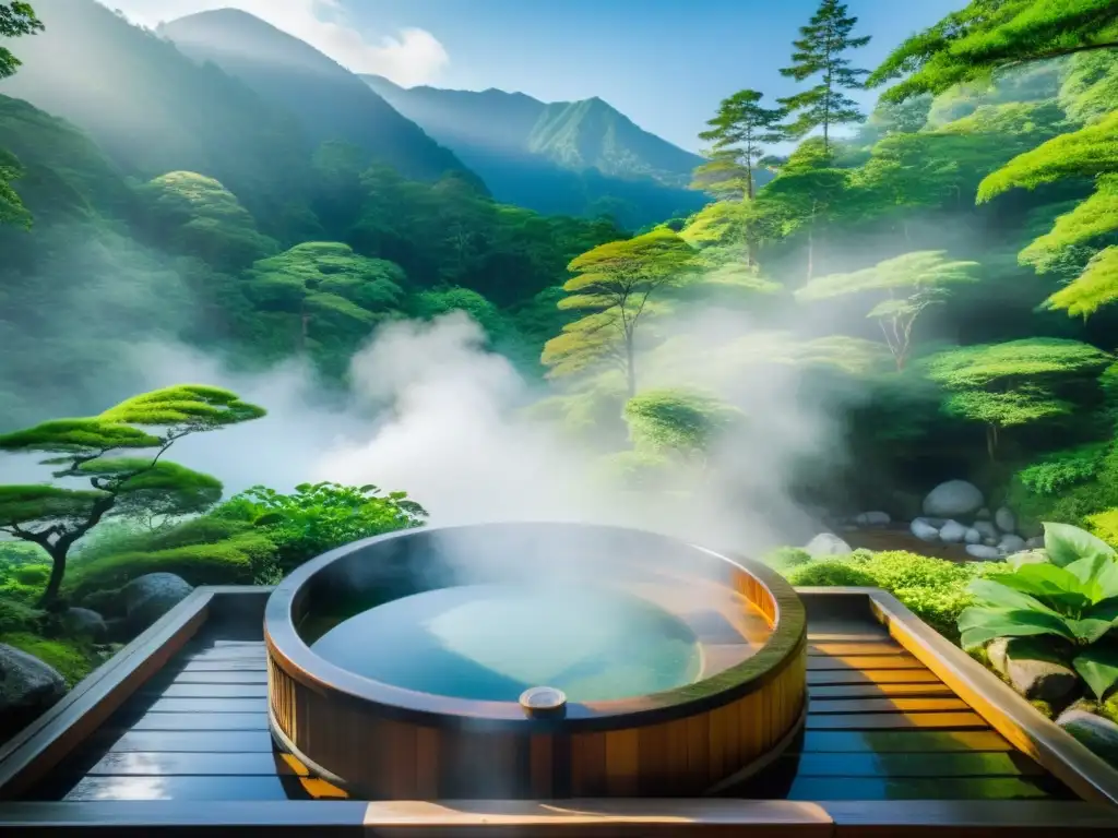 Un onsen japonés tradicional en un bosque exuberante, con vapor ascendente y aguas cristalinas, evocando la serenidad de la hidroterapia asiática