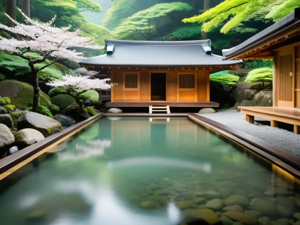 Un onsen japonés tradicional rodeado de naturaleza exuberante, con vapor y pétalos de cerezo