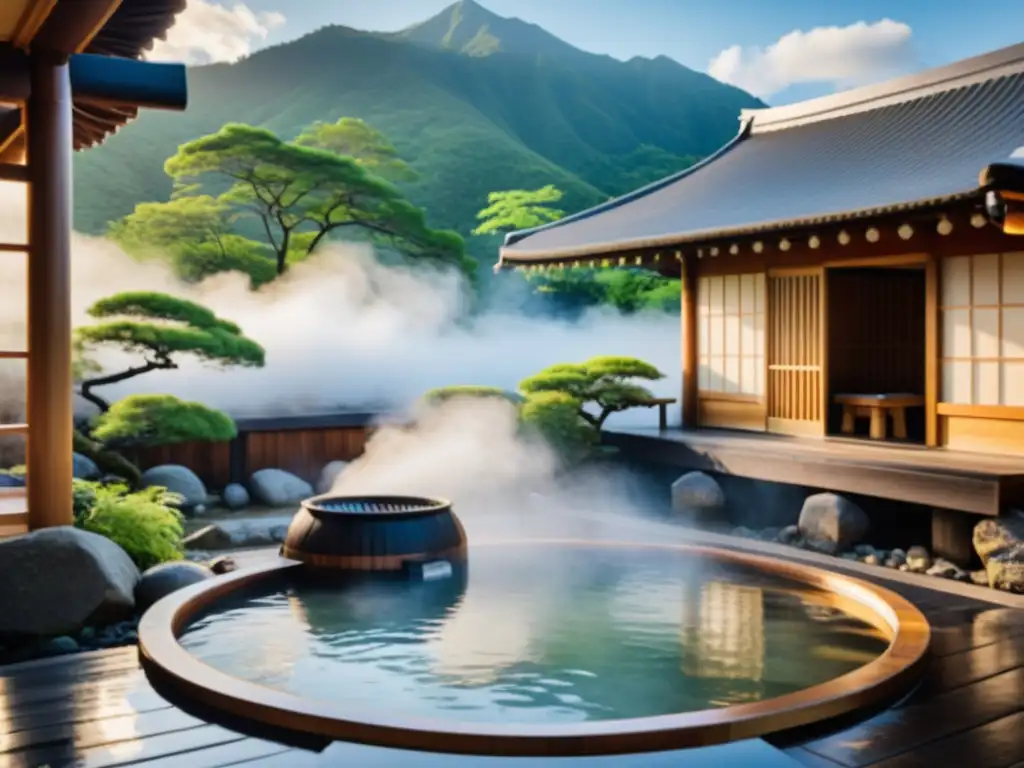 Un onsen japonés tradicional rodeado de naturaleza serena, ritual de purificación asiático para la piel