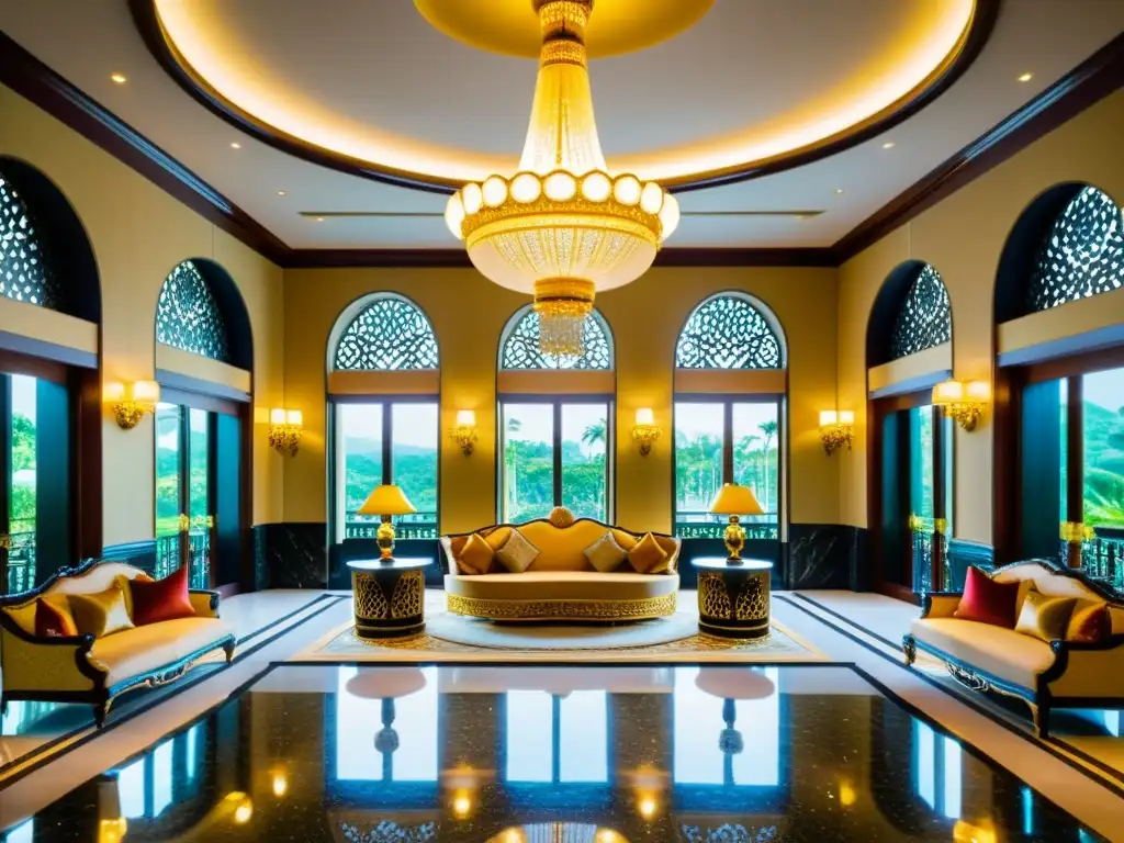 Opulento hotel de lujo en Brunei con diseño en oro, muebles de terciopelo y ambiente regio