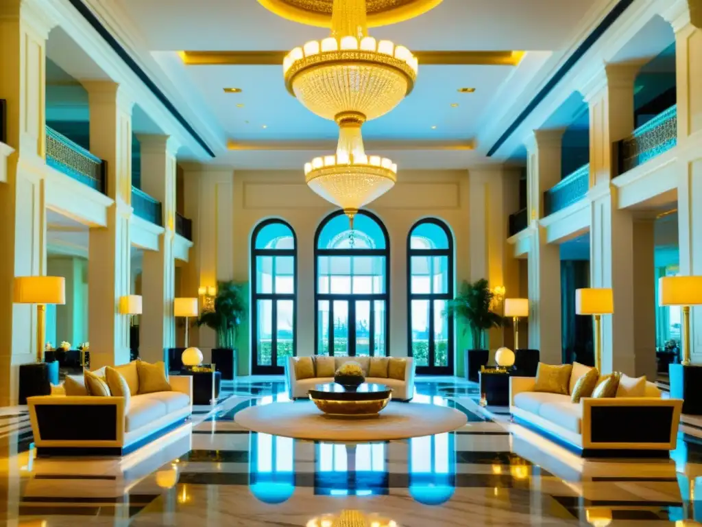 Opulento lobby del Palazzo Versace Dubai, fusionando moda y hospitalidad en hoteles de lujo en Dubái