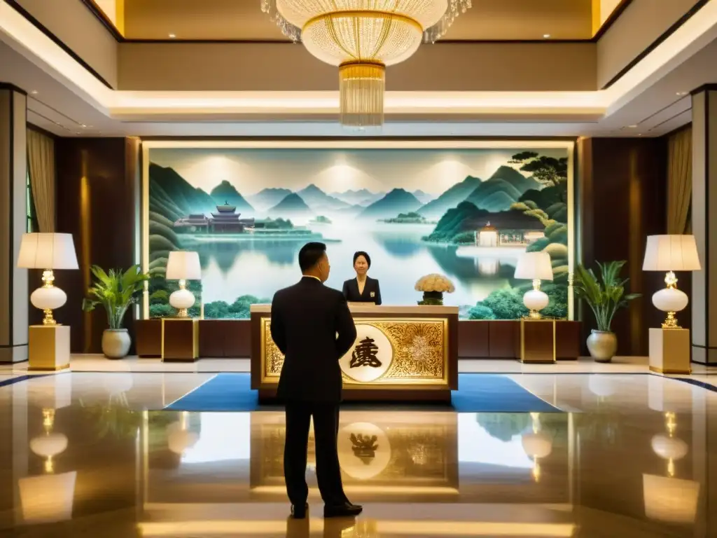 El opulento vestíbulo del hotel The Peninsula Beijing con personal uniformado y una atmósfera de lujo atemporal