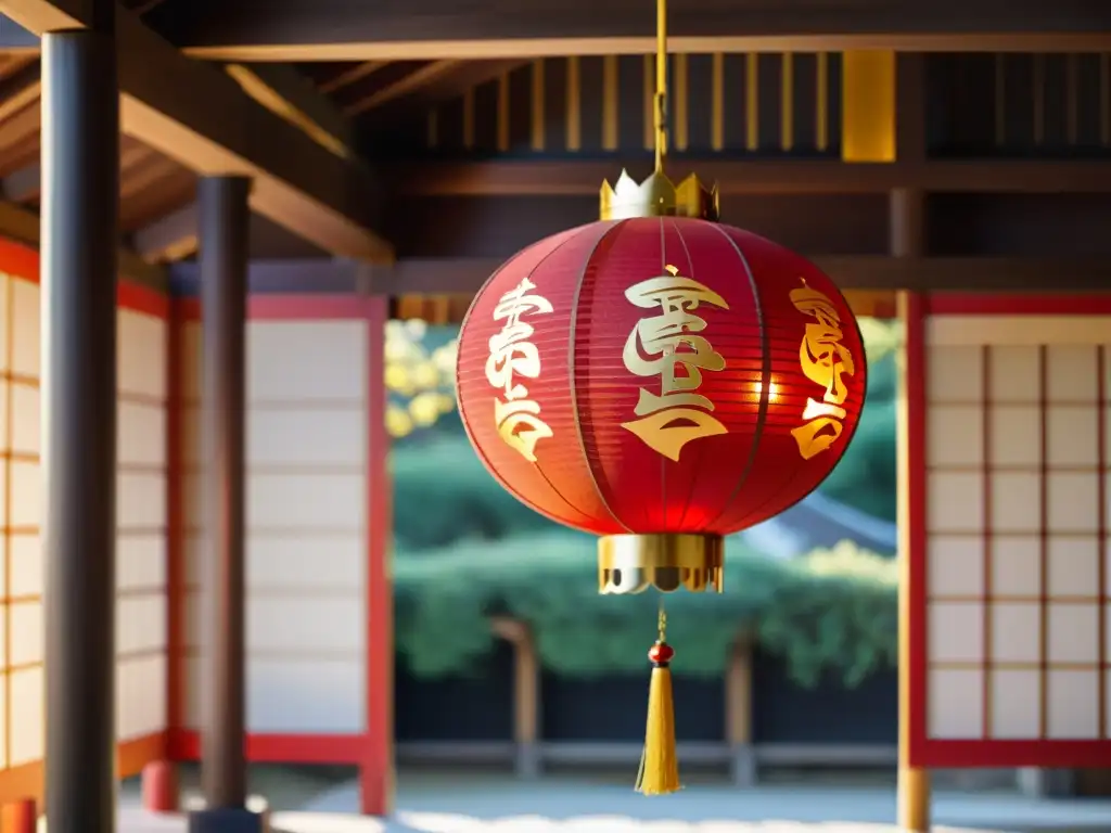 Linterna LED de diseño oriental, con detalles en rojo y dorado, iluminando delicadamente su entorno japonés con cálida luz y sombras intrincadas