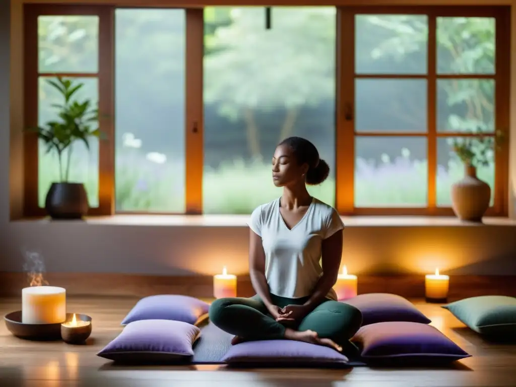 Aromaterapia oriental para reducción del estrés: sala iluminada con vista a un jardín, difusores aromáticos, meditación en grupo