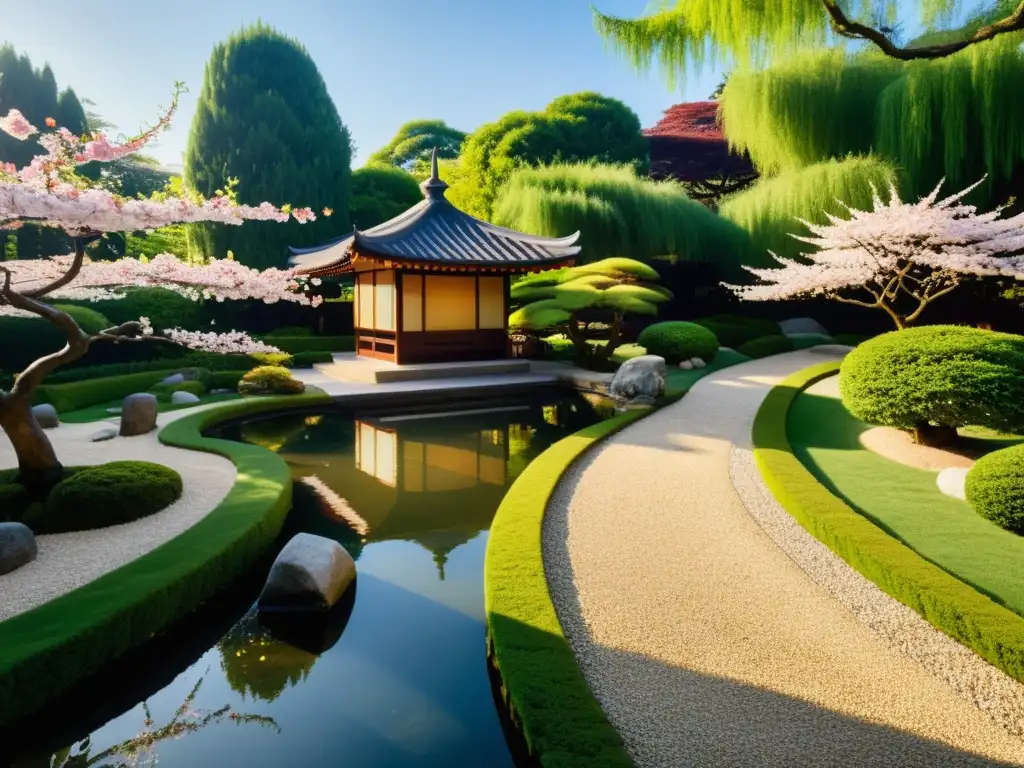 Jardín oriental sereno con árboles florecidos, estanque de peces koi y estructura pagoda