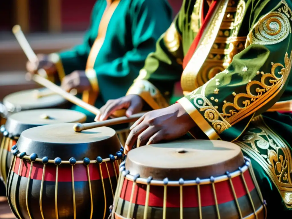 Orquesta gamelán en la cultura asiática: músicos concentrados tocando instrumentos tradicionales bellamente decorados en Indonesia