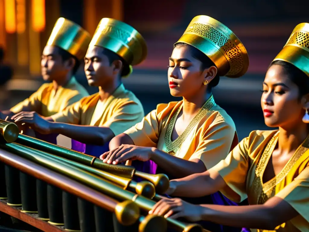 Una orquesta tradicional de Gamelan balinés brilla bajo la cálida luz del atardecer