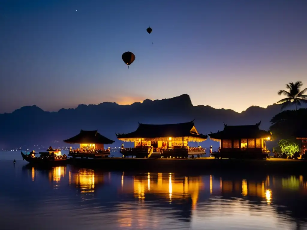 La oscura serenidad del Día del Silencio en Bali, con arquitectura balinesa y un cielo estrellado iluminado por linternas