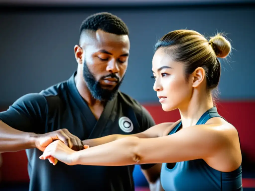 Un paciente se ejercita con determinación en un estudio de artes marciales y rehabilitación, fusionando terapia física y disciplina marcial