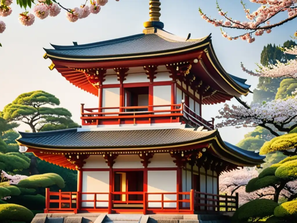 Una pagoda japonesa detallada, rodeada de naturaleza exuberante y luz suave, evoca serenidad y seguridad, como en el arte asiático