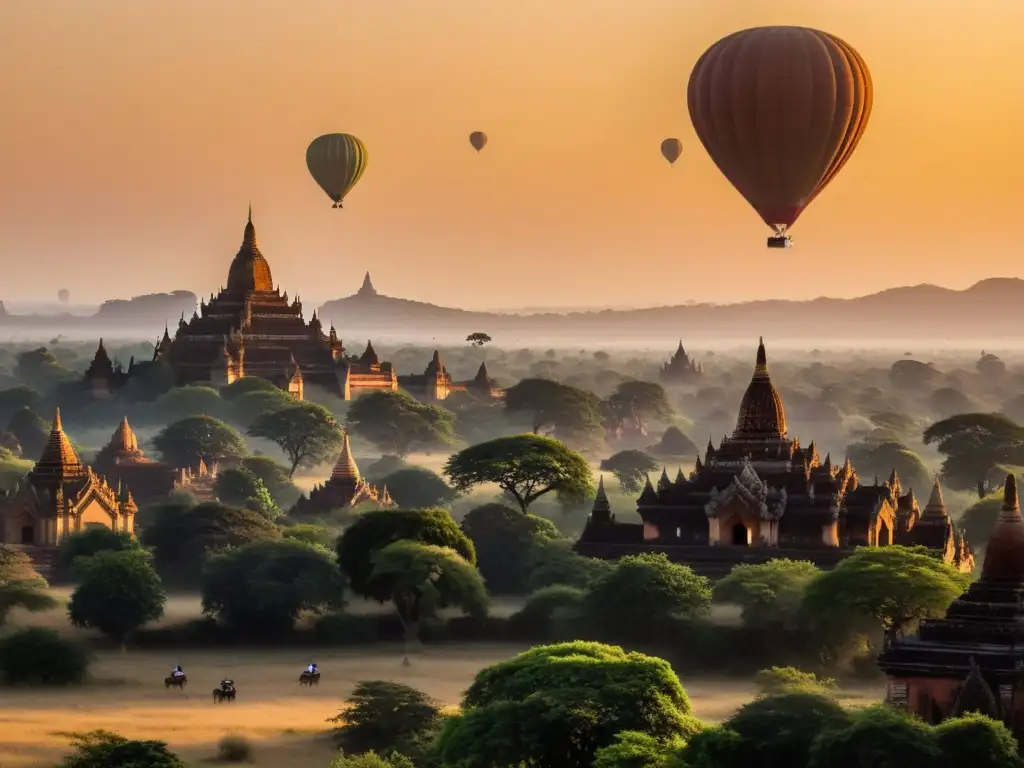 Amanecer en Bagan, con pagodas silueteadas y globos aerostáticos, irradiando una esencia espiritual que captura la belleza mística de Birmania