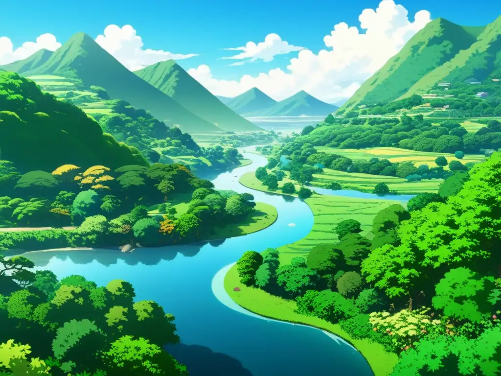 Un paisaje de anime exuberante y detallado con flora y fauna diversa, transmitiendo armonía y belleza natural