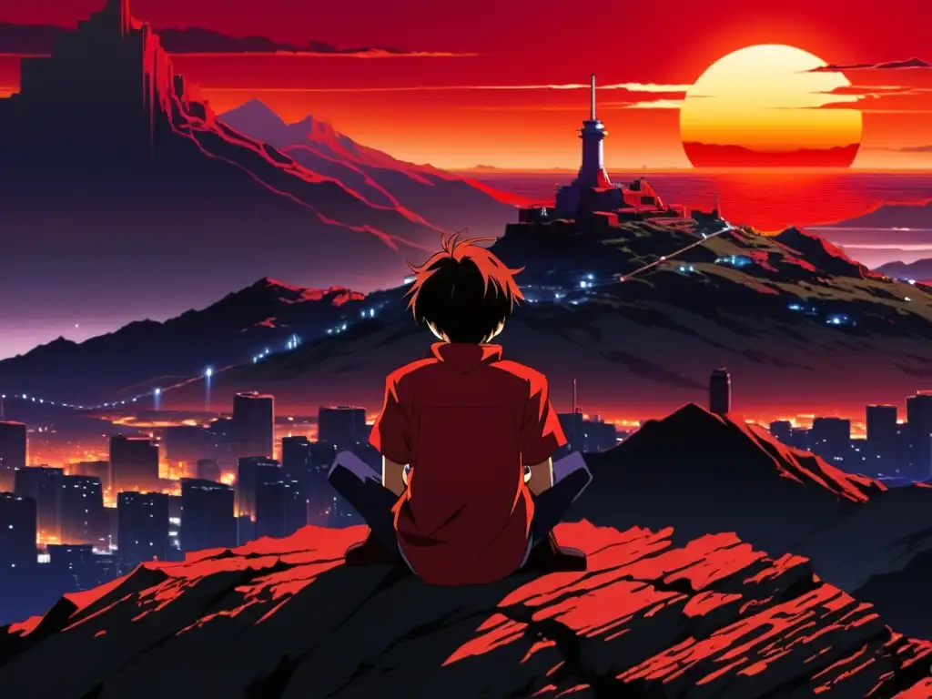 Shinji Ikari reflexiona en un paisaje apocalíptico al atardecer, capturando el análisis filosófico de Neon Genesis Evangelion