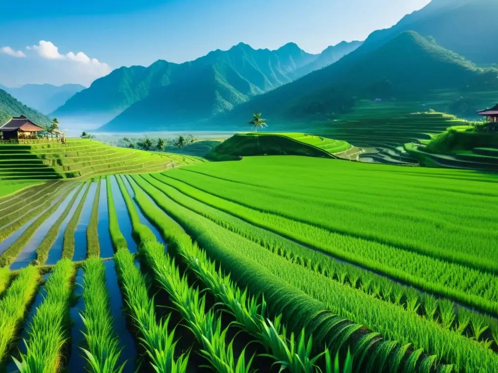 Un paisaje de arrozales asiáticos tradicionales de 8k, con agricultores trabajando y una impresionante vista de montañas y cielo azul