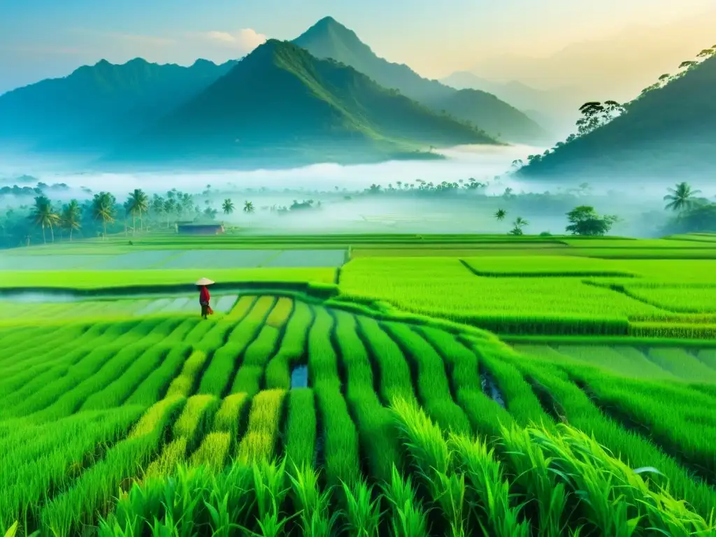 Un paisaje de arrozales exuberantes y montañas neblinosas al amanecer, donde un agricultor solitario cuida las plantas con esmero