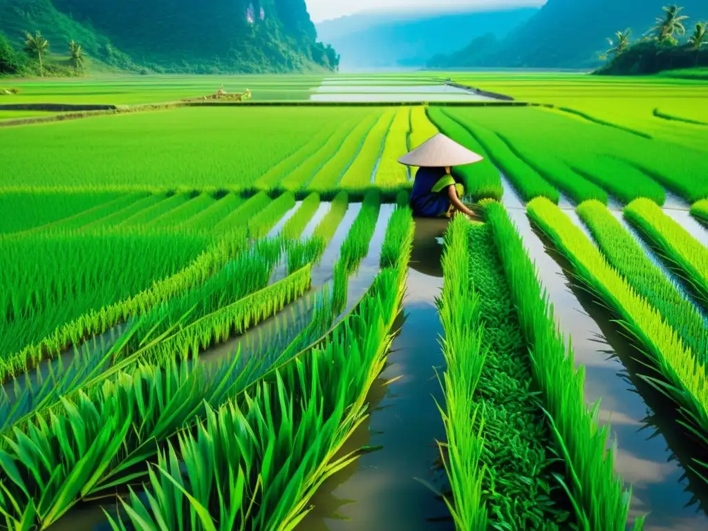 Un paisaje de arrozales exuberantes y verdosos reflejados en agua cristalina, donde un agricultor solitario trabaja con su sombrero cónico