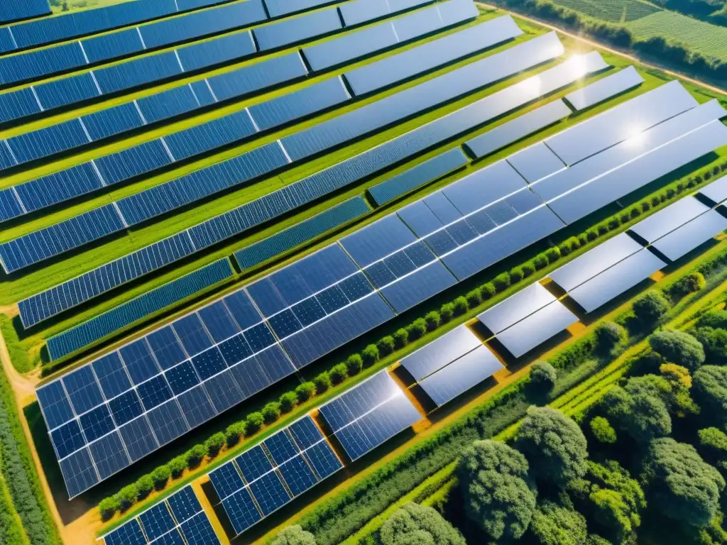 Un paisaje asiático con un extenso campo de paneles solares brillantes, trabajadores y exuberante vegetación