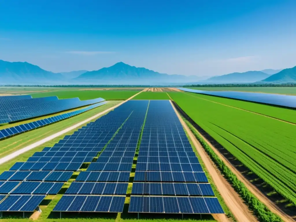 Un paisaje asiático con tecnologías de energía renovable en armonía con la naturaleza, bajo un cielo azul brillante