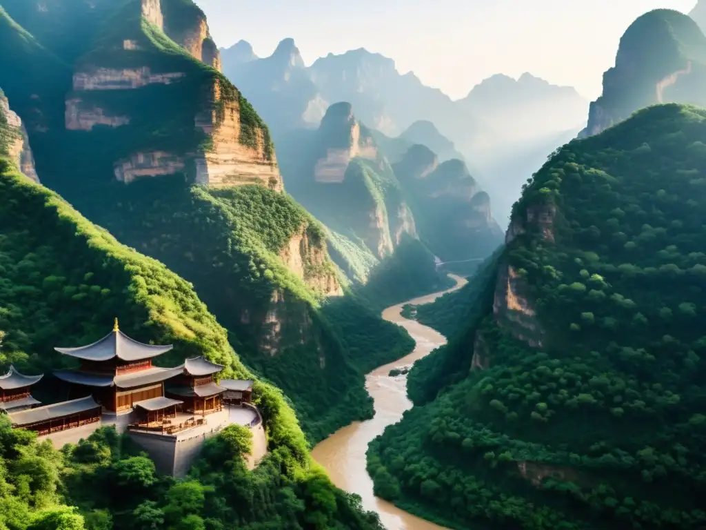 Paisaje de montaña Tiantai Grand Canyon en China, con pagodas y naturaleza