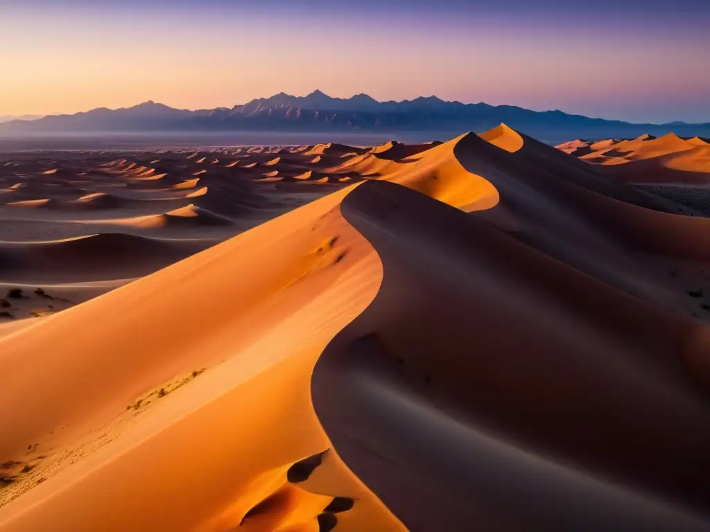 Un paisaje desértico impresionante al atardecer, con el sol dorado proyectando largas sombras en las dunas de arena ondulante