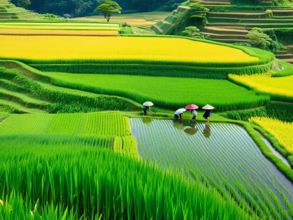 Un paisaje detallado de un exuberante arrozal en Japón, bañado por el cálido sol