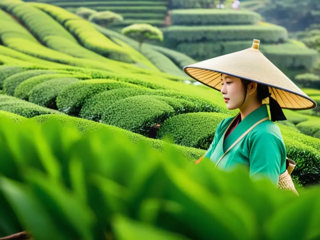 Un paisaje detallado de un vibrante cultivo de té verde en las colinas de Japón