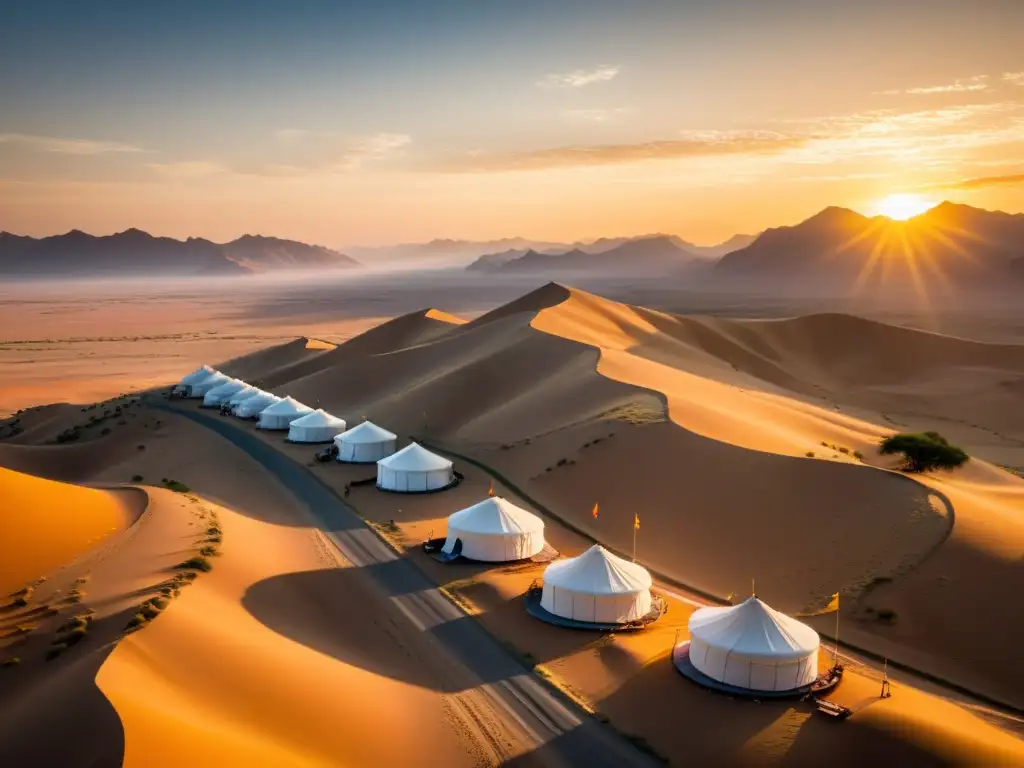 Un paisaje dorado y misterioso de Asia Central, con caravanas en la Ruta de la Seda