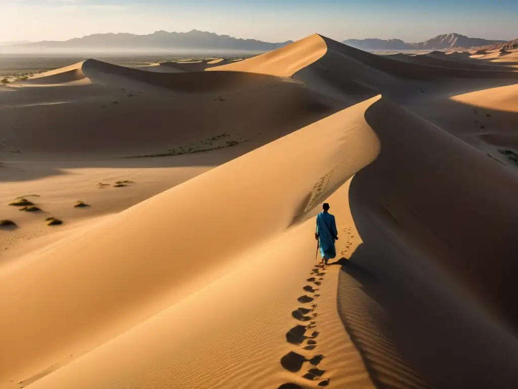 Un paisaje expansivo de desierto con dunas doradas, un cielo azul claro y una figura solitaria en ropa árabe, evocando introspección y contemplación