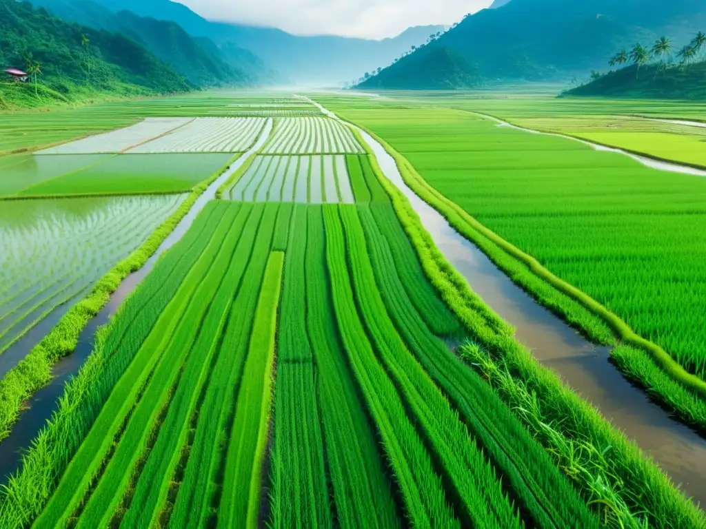 Un paisaje exuberante de arrozales en Asia, reflejando la tradición de estanques en la agricultura oriental