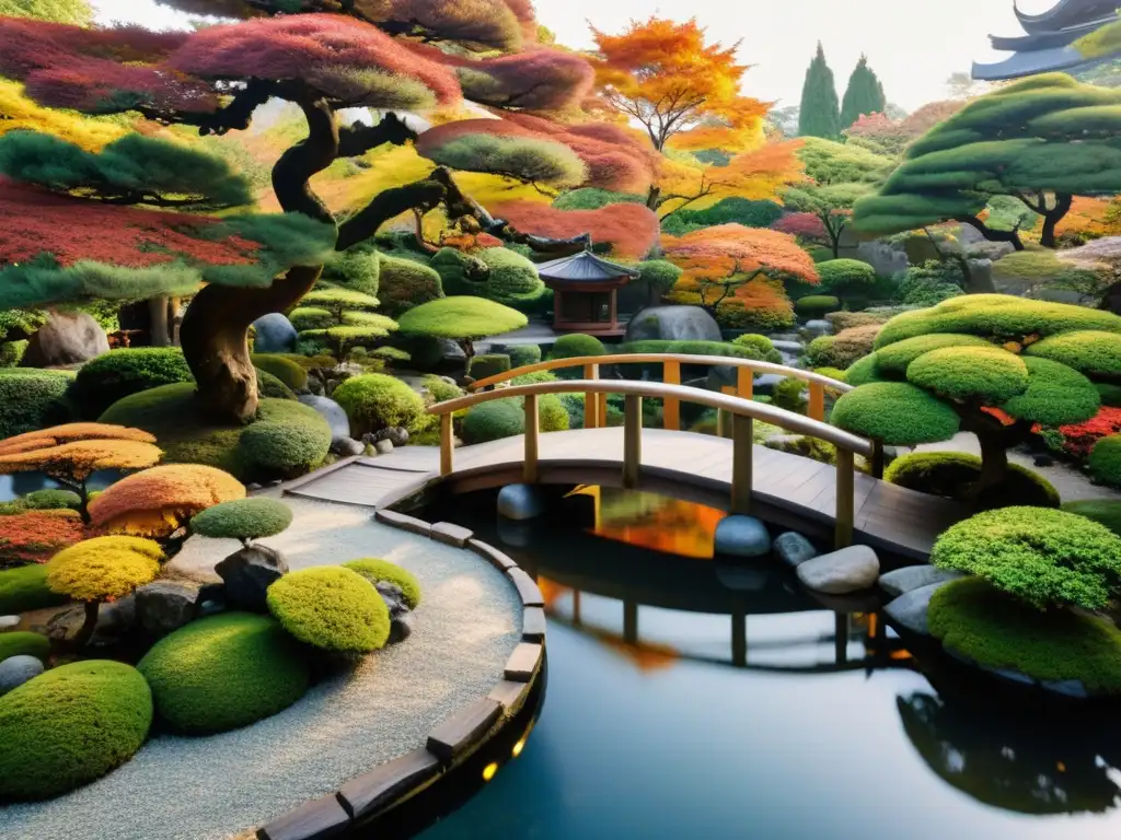 Un paisaje japonés sereno con árboles bonsái, estanque de koi y un puente de madera, reflejando la belleza del otoño