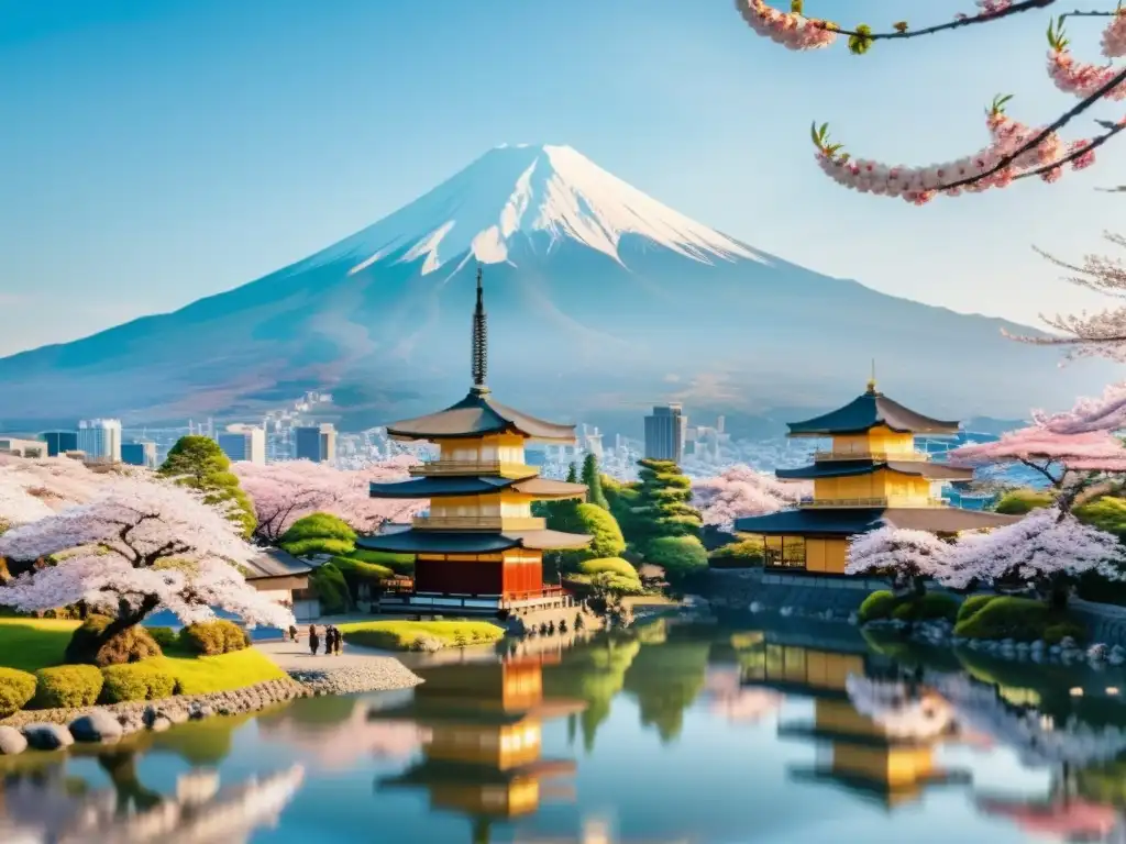 Un paisaje japonés tradicional con un cerezo en flor, un templo histórico y el majestuoso Monte Fuji, donde se celebra una ceremonia del té