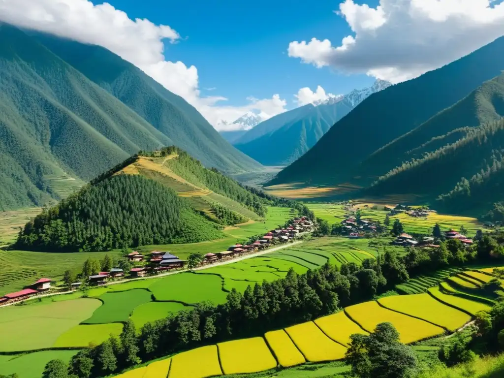 Valles verdes y montañas majestuosas: la serena belleza de Bhután Un paisaje majestuoso de las montañas del Himalaya y un pueblo tradicional de Bután entre valles verdes