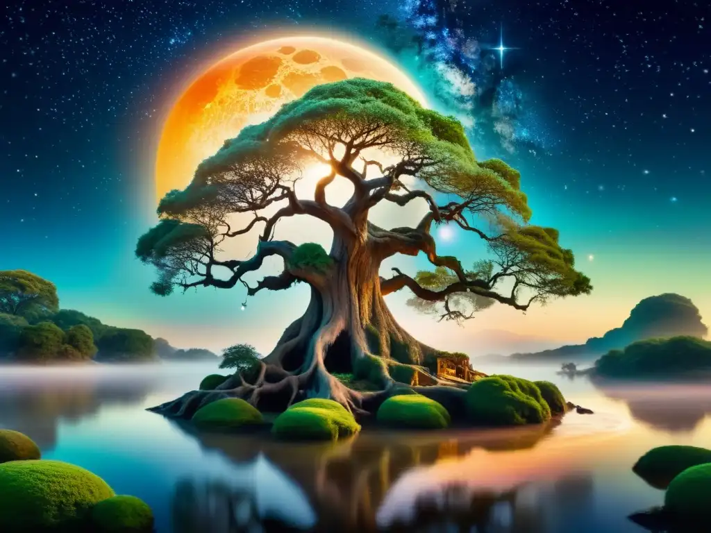 Un paisaje místico de realismo mágico en el anime, con un árbol antiguo que toca las estrellas y luces flotantes de colores