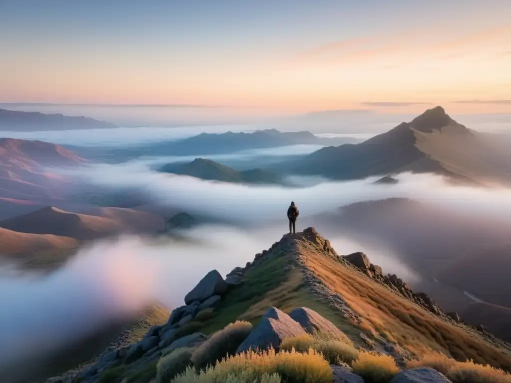 Un paisaje montañoso envuelto en neblina, con una figura contemplando la vista